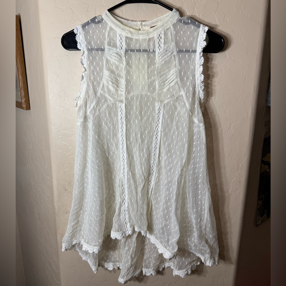 Free People White Sheer Swiss Dot Lace Tunic Top Boho Fairycore Medium